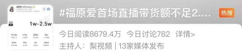 热搜第一！福原爱首场直播带货成交额仅23万！网友：实正在不成就搬赢博体育动阵脚吧(图3)
